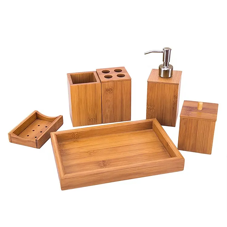 Set Aksesori Kamar Mandi Bambu, dengan Dispenser Sabun, Kotak Bola Katun, Tempat Sikat Gigi, Sabun Cuci Piring
