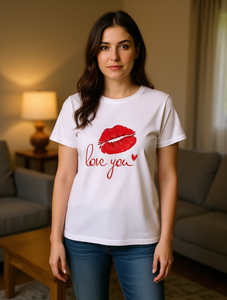 T-shirt da donna oversize con stampa Love You e labbra rosse, a maniche corte, girocollo, vestibilità ampia, taglie forti, casual, per tutte le stagioni - Product Image 2