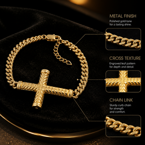 สร้อยข้อมือรูปกางเขนแบบนูนลายเคลือบทอง 18K ทำจากสแตนเลสสตีล 316L ป้องกันการแพ้ พร้อมสายแบบ Curb Chain และสายต่อปรับขนาดได้สำหรับผู้ชาย - Product Image 2