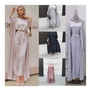 New Fashion Dubai 2024 Muslim Women Dress Scarf For Women Hijab Plain 3 Piece Open Abaya Satin Wrap Kimono Abaya For Ladies