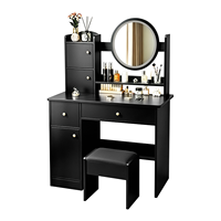 Table de toilette de luxe de style château italien, finition bois doré vieilli, avec miroir et pouf assorti