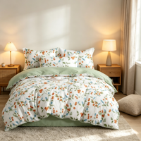 Parure de lit 4 pièces style forêt avec motifs de branches et baies, décoration de chambre douillette, comprenant taie d'oreiller, housse de couette, couvre-lit et drap, vente en gros, personnalisable