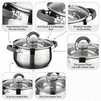 Batterie de cuisine haut de gamme en acier inoxydable robuste avec casseroles, couvercles en verre, compatible induction, écologique, compatible lave-vaisselle, poignées en silicone