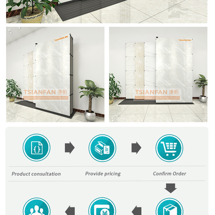 Showroom system floor-standing push-pull sliding metal tile sample granite marble quartz artificial stone display stand