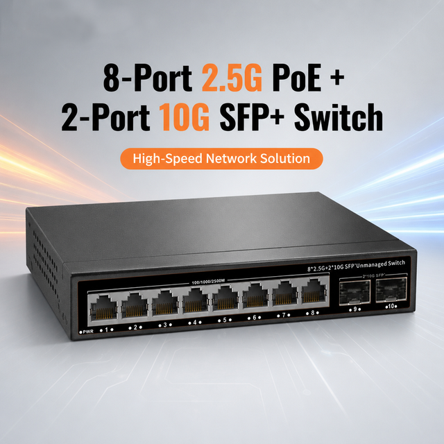 OEM High Performance 8 Port 2.5G Multi-Gigabit 2 10G SFP+ 120W Smart Fanless Quiet 16Gbps Capacity PoE Switch Security