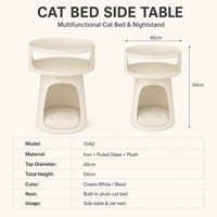 Table de chevet multifonctionnelle pour chat avec plateau en verre cannelé, nid pour chat, table de nuit, blanc crème, noir