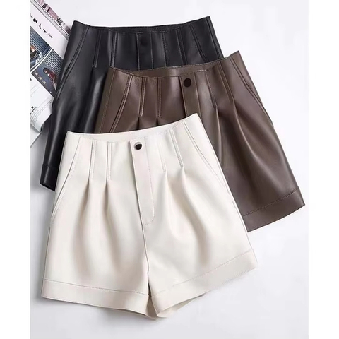 4659 Latest Design Stylish Solid Color Ladies High Waisted Loose Genuine Leather Shorts for Women