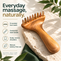 Masseur de cuir chevelu en bois de teck naturel en forme de corne de mouton, peigne de massage manuel à 9 dents pour la tête, le cou, les épaules et le corps, pour la bien-être, vente au détail et en gros
