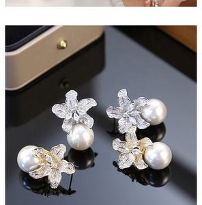 Luxurious New Geometric Pearl <b>Stud</b> Earrings Women Gold Plated Tibetan <b>Silver</b> Zircon Main Stone Stylish Versatile Design - Product Image 6