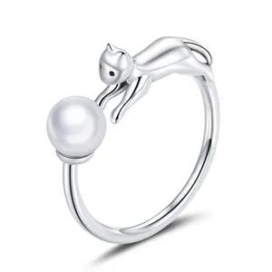 2024精美银饰品戒指可爱猫玩珠925纯银可调珍珠戒指