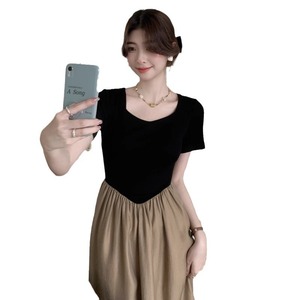 French Style Chic V Neck Elastic Waist Patchwork Dress For Women Summer Casual Daily Wear Khaki Solid Color - Product Image 5