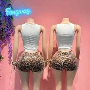 2026 Summer Women Leopard Print Set with Sleeveless <strong>Top</strong> + <strong>Sequin</strong> Shorts Y2K Clubwear Trendy Streetwear for Girls - Product Image 2