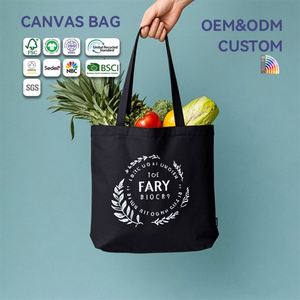 <b>Large</b> Reusable Canvas Shopping Tote Custom <b>Printed</b> With Logo Grocery Cotton Eco Friendly Promotional Bag Black - Product Image 1