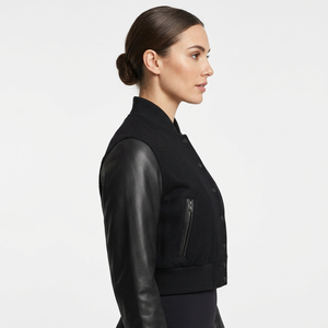 Chaqueta Bomber Negra para Mujer, Mangas de Cuero Sintético, Cierre de Cremallera, Cuello Alto, Ropa de Otoño - Product Image 5