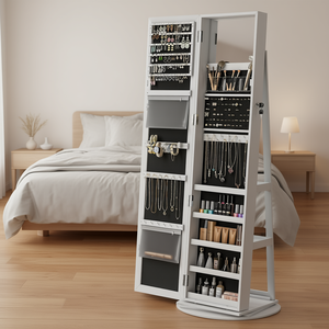 Armoire à bijoux DB Jewelry blanche, pivotante à 360°, verrouillable, avec miroir pleine longueur, étagères de rangement, organisateur, en bois - Product Image 2