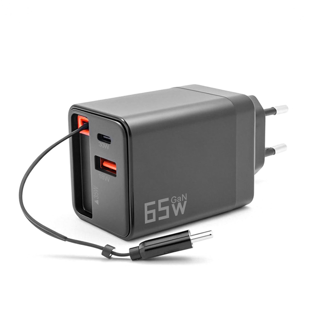 65W GaN Retractable Wall Charger With Retractable Cable 65W PD+QC3.0 Fast Charger Adapter for Mobile Phone Charger