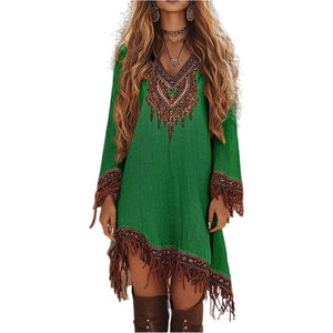 Robes de style occidental pour femmes Channel 2025, robes longues à manches longues imprimées, style cowgirl <span class=keywords><strong>chic</strong></span>, robes à franges asymétriques, robes mi-longues fluides - Product Image 4