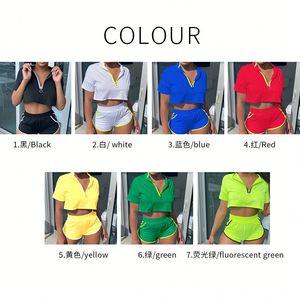 Survêtements personnalisés avec logo, ensemble deux pièces, couleur unie, fermeture éclair, manches courtes, capuche, ensemble de jogging pour femmes, survêtement d'été - Product Image 2