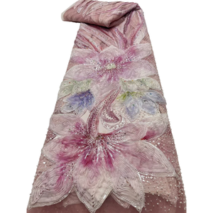 Tissu en dentelle française de luxe NI.AI Aso Ebi avec perles et broderies de paillettes, tissus textiles perlés colorés, dentelle perlée pour robe de mariée - Product Image 1