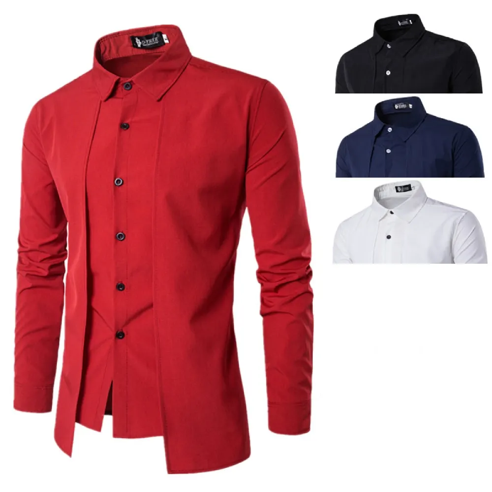 Chemise deux pièces Style Court pour homme, manches longues, col à revers, bouton, couleur unie, chemise décontractée, nouvelle collection