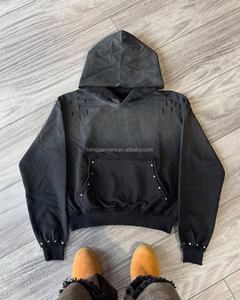 Fabricantes OEM de sudaderas con capucha de estilo urbano, con pedrería, de gramaje alto, oversize, con efecto descolorido por el sol, vintage, con lavado ácido y desgastadas, en azul - Product Image 3