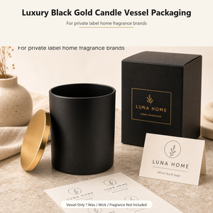 Bocaux à bougies de luxe noirs et dorés avec couvercle en métal doré et boîte cadeau pour marques à label privé, logo personnalisé - Product Image 5