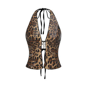 Top Corto Halter con Estampado de Leopardo y Lentejuelas para Mujer, Sexy, Sin Mangas, con Lazo en la Espalda, para Fiestas, Club, Citas Nocturnas, Salidas - Product Image 5