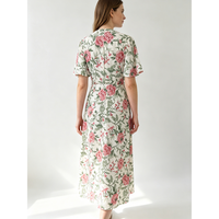 Robe en coton à imprimé floral pour femmes, robe mi-longue à manches courtes et col en V, décontractée pour le printemps et l'été