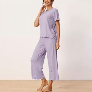 Ensemble de vêtements d'intérieur pour femme, T-shirt et pantalon, été, léger, manches courtes, pantalon long taille haute, pantalon ample à jambes larges, ensemble pyjama amincissant - Product Image 1