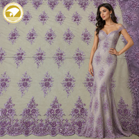 Tissu brodé en tulle à perles violettes, best-seller, perles fantaisie, paillettes, double face, 100% polyester, robes de mariage pour filles