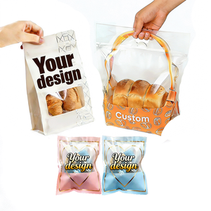 Custom Logo Printed Design Handle Pouch clear Window Self-Sealing Baking Bread Bag Reusable Plastic Packaging Custom Bread Bags