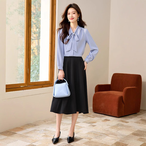 Women's Blue Chiffon Shirt With Bow Office Wear Long Sleeve Solid Color Elegant Blouse For Work - Product Image 3