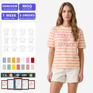Camiseta de Algodón a Rayas para Mujer, OEM ODM, Logotipo Personalizado, Cuello Redondo, Manga Corta, Informal, Fabricante de Ropa - Product Image 1