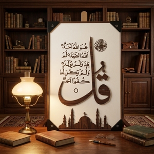 Quadro 3D in Legno Fatto a Mano con Calligrafia Islamica Astratta del Corano, Silhouette di Moschea su Tela Testurizzata in Arenaria, Decorazione Murale Islamica - Product Image 5
