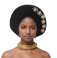 Ecowalson - Exquisito Pañuelo para la Cabeza con Cuentas y Encaje en Capas, con Lazos Traseros Ajustables, para Bodas y Fiestas Nigerianas, Diseño Elegante y Glamuroso