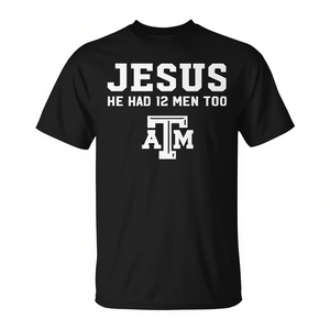 Camiseta promocional con estampado en blanco y negro de Jesus He Had 12 Men Too Atm - Product Image 2