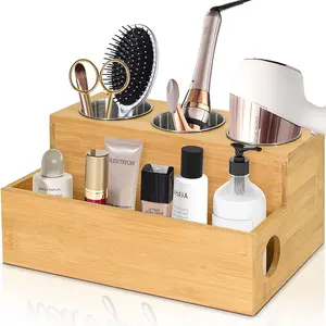Custom 3 Cup Standing wall mounted bamboo hair tool organizer Makeup Storage bamboo hair dryer holder for Bathroom Accessories