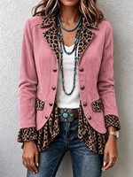 Veste décontractée en velours côtelé pour femme, imprimé léopard, col à revers et ourlet patchwork, col cranté, simple boutonnage, manches longues, ourlet à volants