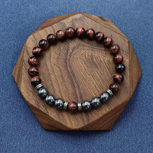 Triple Tiger Eyes ematite turchese blu naturale con bracciale con perline a fetta di isolamento in acciaio inossidabile per uomo - Product Image 3