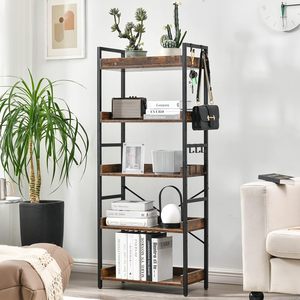 5 Tier Open Bookcase Rustic Farmhouse Book Shelves Industrial Wood Black Metal <strong>Bookshelves</strong> <strong>Mid</strong> <strong>Century</strong> Bookcase Home Office - Product Image 2