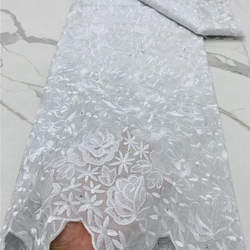 Hot sale 5 Yards white High quality African Swiss Voile Lace for wedding cotton embroidery lace fabric