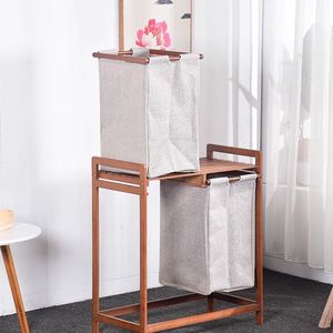 Panier à linge double compartiment en bambou et toile, support de rangement vertical pour vêtements, design simple - Product Image 2