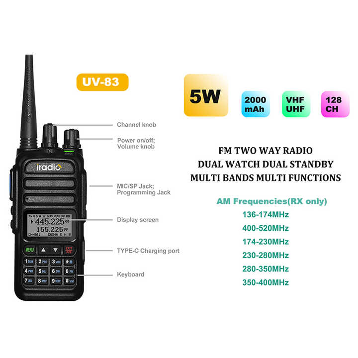Iradio UV-83 FCC VHF & UHF Dual Band Radio - 256 Channels