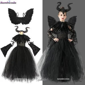 2022 cadılar bayramı kostüm Deluxe kızlar fantezi vaftiz siyah Glam elbisesi elbise çocuklar şeytan kraliçe cadı giysileri