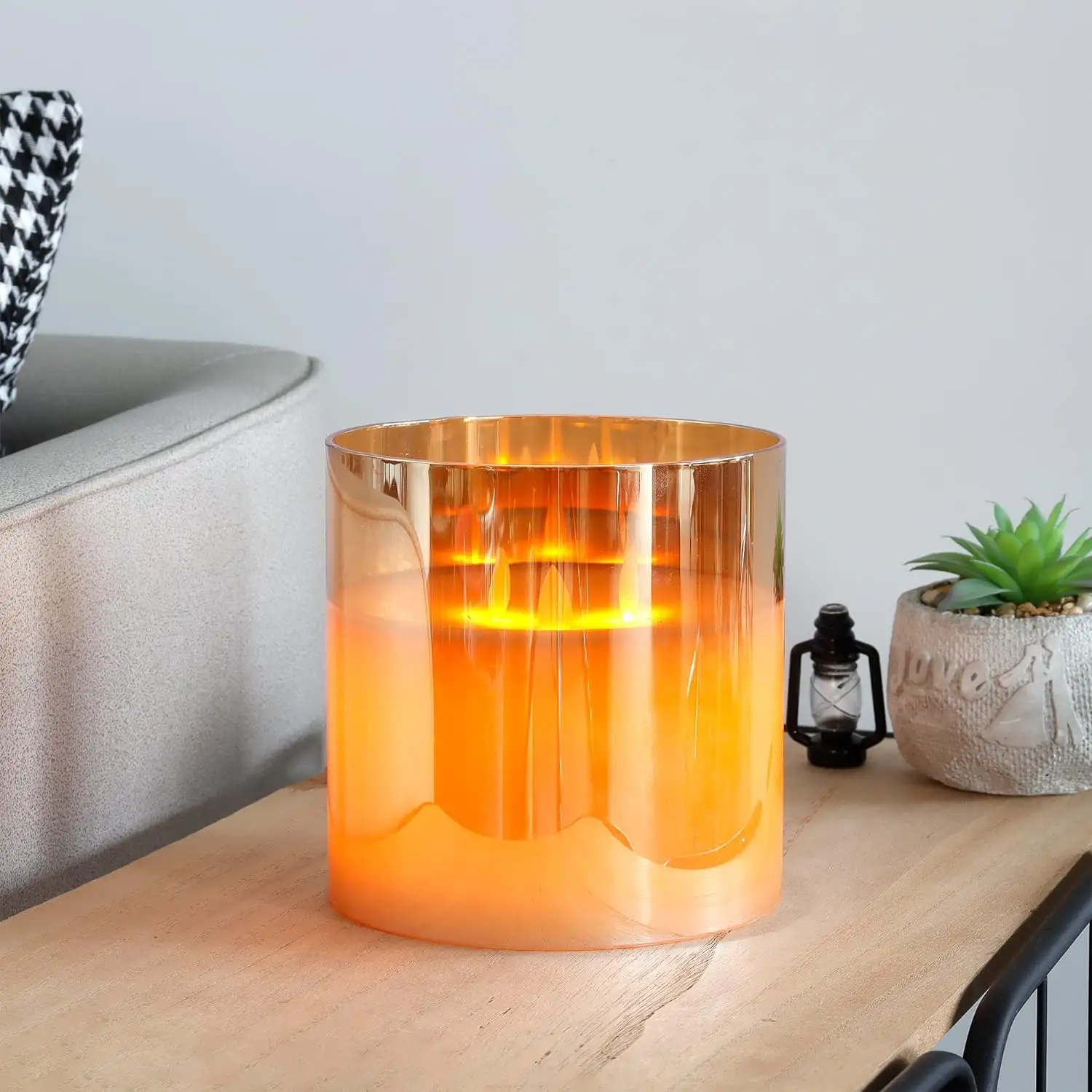Lilin bertenaga baterai 3 sumbu, dengan pengatur waktu lilin tanpa api simulasi 3D pilar kaca lampu lilin LED