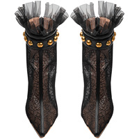 Bottines noires en dentelle et résille pour femme, grande taille 47, à bout pointu, avec rivets dorés, talons aiguilles, garniture en tulle à volants, talons hauts