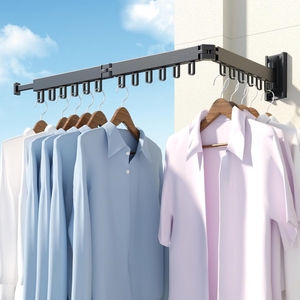 Porte-vêtements mural pliable en aluminium avec crochets robustes, installation <span class=keywords><strong>sans</strong></span> perçage pour balcon, chambre ou salle de bain - Product Image 4