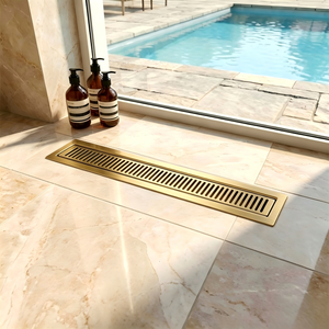 Drenaje de Piso Lineal de Acero Inoxidable 304, Acabado Dorado Cepillado PVD, Antiolor, Alto Flujo, para Cocina Moderna, Bañera y Exteriores - Product Image 3