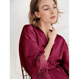 Bata de seda corta para mujer, estilo kimono, con cuello en V, manga farol, encaje satinado, para dormir, fiesta de bodas, dama de honor - Product Image 2