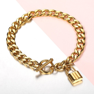New Design 8mm 18K Gold Stainless Steel Cuban Link Chain Lock Pendant Bracelet For Men Women Unisex